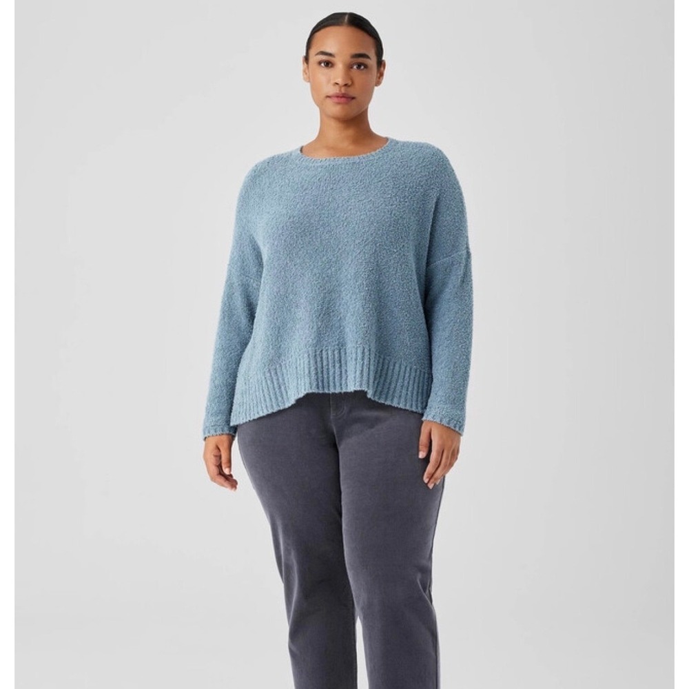 Eileen Fisher Blue Cotton Cashmere Crew Neck Relaxed Pullover Sweater Large